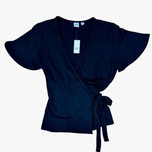 NWT GAP Short Sleeve Wrap‎ Top Black Tie Front Sz XS Minimalist Basics Cottage